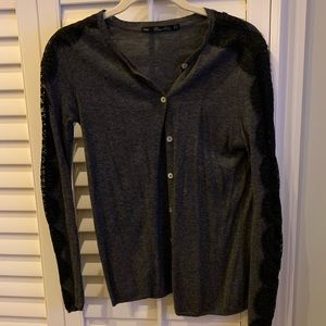 Grey Knit Button Sweater with Lace Sleeves